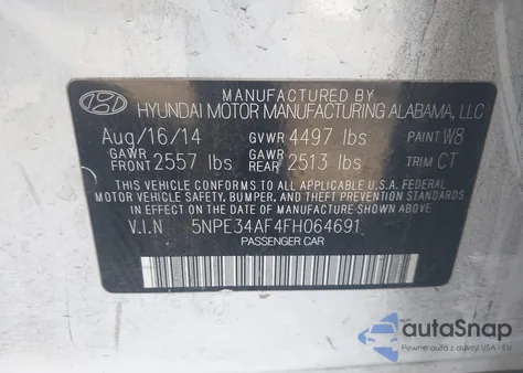 2015 Hyundai Sonata Sport z USA, uszkodzony, nr VIN 5NPE34AF4FH064691
